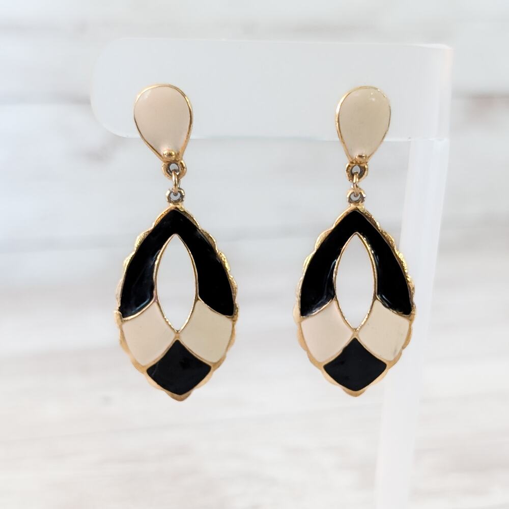 Vintage Stud Earrings Statement Very Large Cream & Black Dangle Retro Stylish